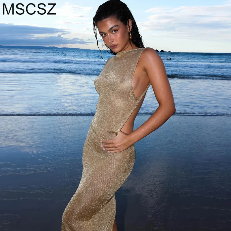 

MSCSZ Backless Knitted Beach Dress Woman 2024 Sexy Transparent Maxi Dress Summer Sleeveless Cover Up Dress