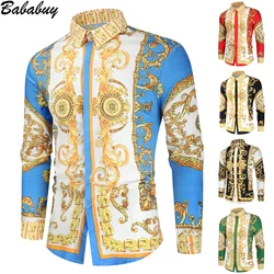 Bababuy masculino de luxo real camisa casual fino ajuste manga longa paisley impressão camisas estilo étnico retro primavera outono camisa