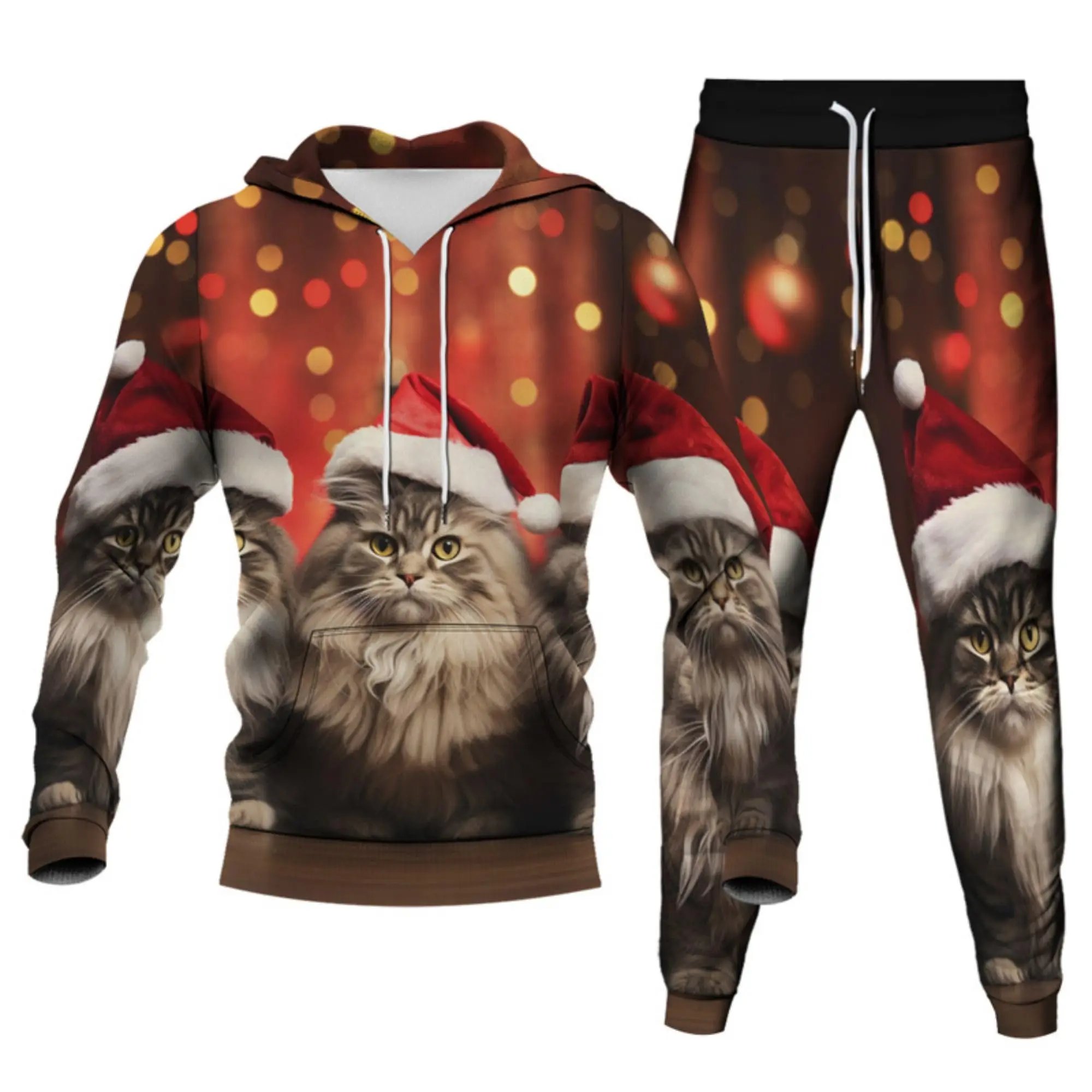 Adult 3D Christmas Pizza Cat Printed Hoodie Pants Two Pieces Tracksuit Men Women Novelty Xmas Sweatshirts Joggers Sweatpants Set