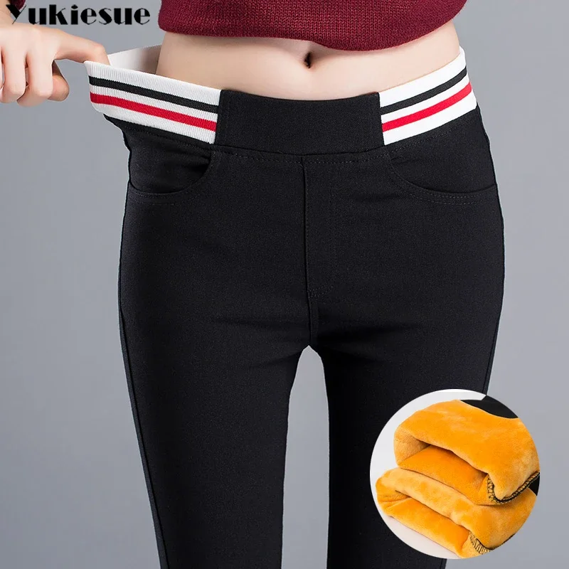Leggings de inverno de pelúcia e espessadas para mulheres, calças elásticas de cintura alta com calças lápis
