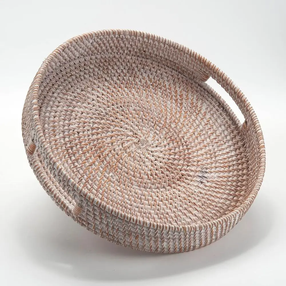 Round Rattan Ottoman Tray Woven Serving Trays with Handles for Home and Kitchen Decorative White (Large 14 inch x 2.4 inch)