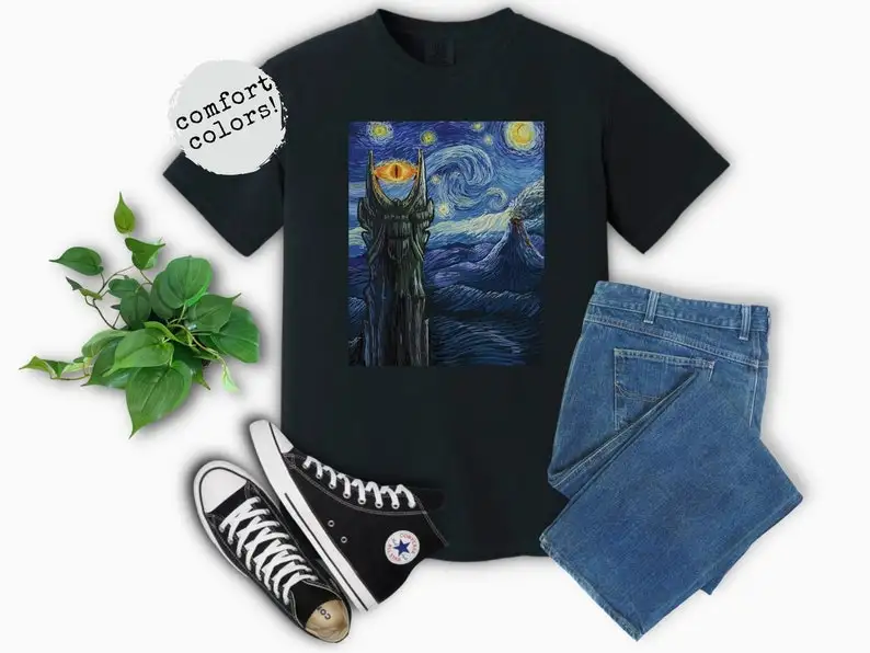 Starry Night in Mordor Shirt Van Gogh Barad Dur Middle Earth Tee Tolkien Book Christmas Birthday Gift Vintage Sauron Comfort