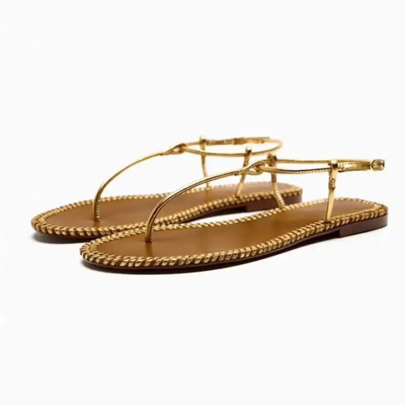 2024 Summer Flats Sandals Women French Style Beach Flip Flops Roman Sandal Women\'s Flat Shoe Gold T-strap Sandalias Femininas