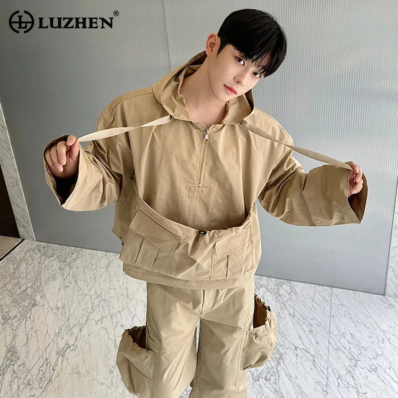 

LUZHEN Half Zipper Pullover Workwear Hoodie Jackets Sets Personalized Pockets Patchwork Design Wide Leg Pants Two Piece LZ4749