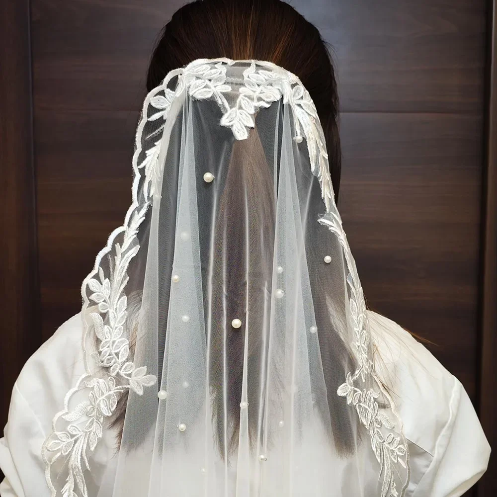 

Mantilla wedding veil is made of lace with hidden combs, pearls, bridal veil, 1-meter, 1-layer veil, wedding accessories