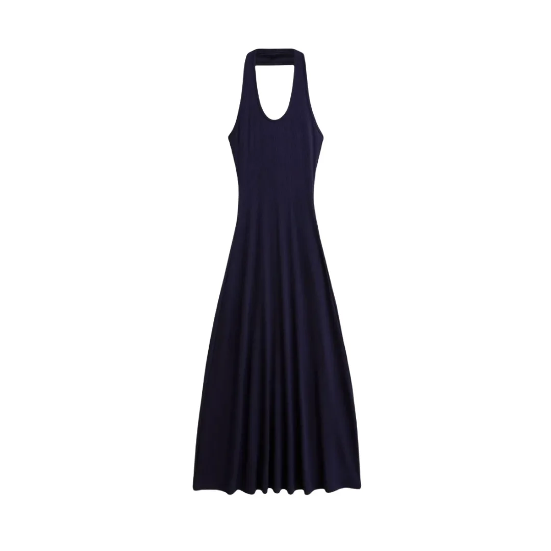 Vestido largo con cuello halter y cuello en V acanalado para mujer