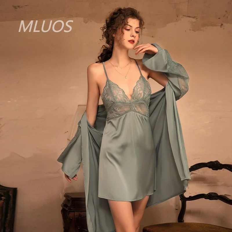 

New in Women's Sleepwear Satin Splicing Lace Sexy Deep V Halter Nightgown Skirt Lace Up Outer Robe Loungewear Set Pajamas