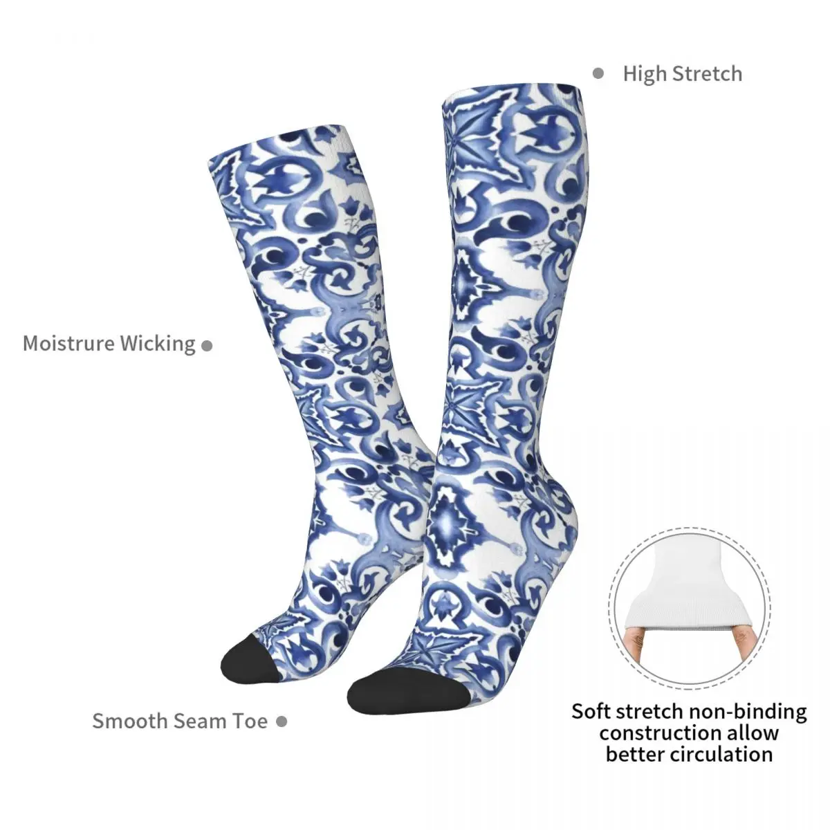 Blue Ornate Floral Mediterranean Sicilian Tile Socks Super Soft Stockings All Season Long Socks for Man\'s Woman Christmas Gifts