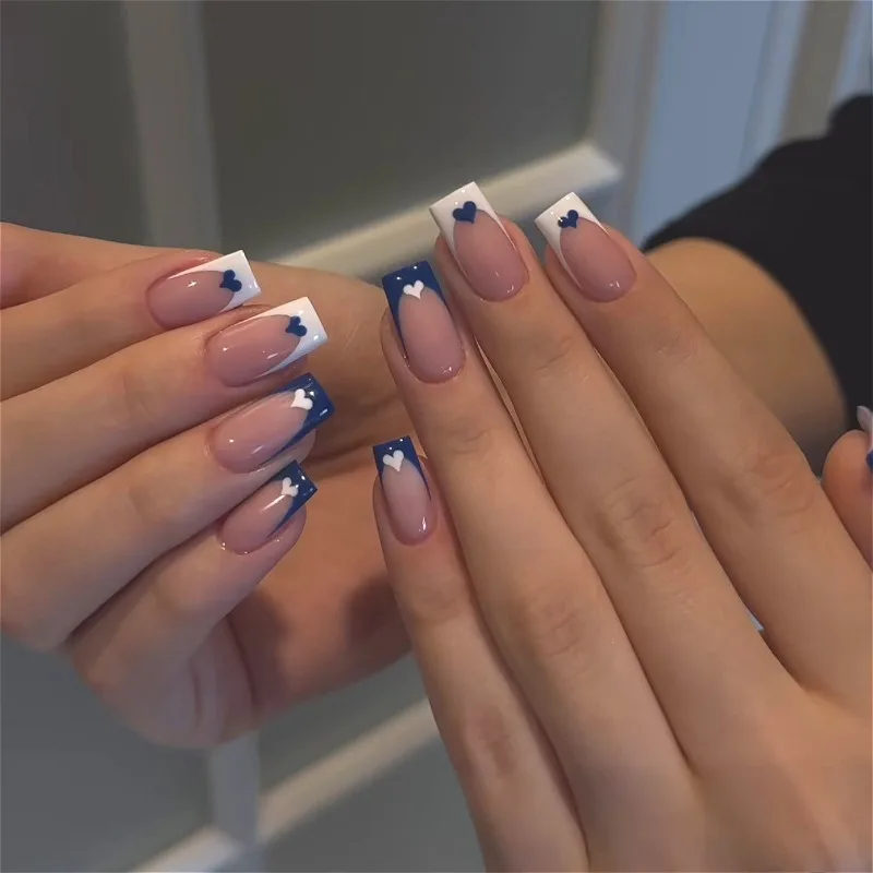 

24 Pcs Blue White French Heart Stick-on Nails Glued False Nails for Women Medium Square Fake Press on Nails with Sticky Tabs