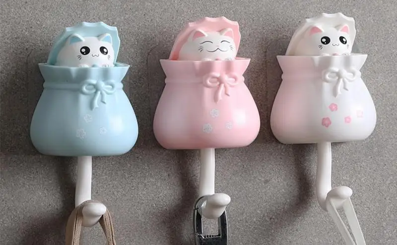 Cartoon Cat Hook Self Adhesive Dormitory Bedroom Door Hangers Hooks Key Umbrella Towel Cap Coat Rack Wall Animal Decoration Rack