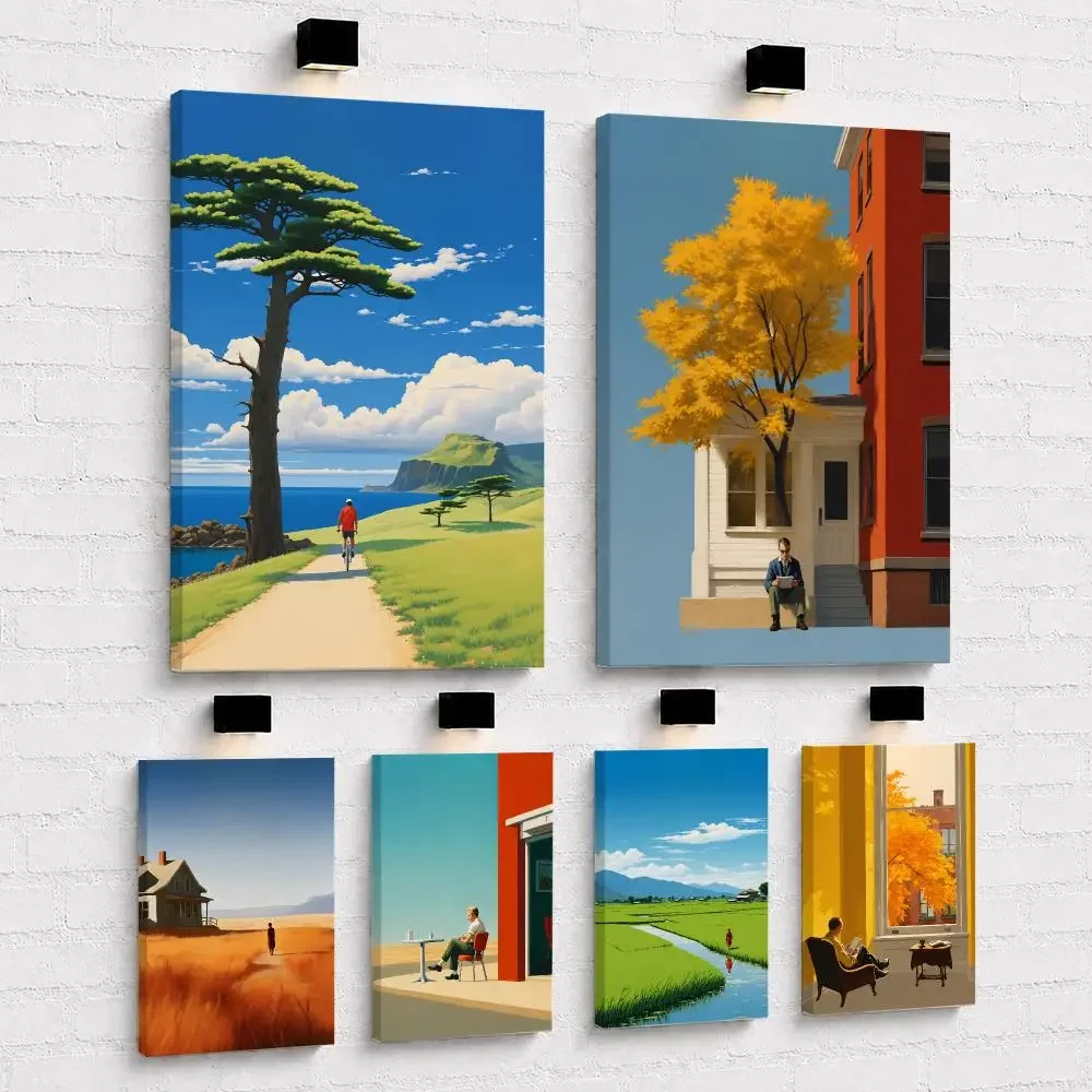 Edward Hopper City Autumn Summer People Cityscapes HD Wood Framed Canvas Poster Wall Art Decor for Bedroom  Office Home