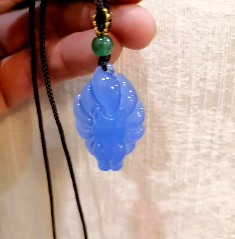 

Natural Blue Handmade Carved Nine Tailed Fox Jade Pendant, Fashionable Boutique Jewelry, Blue Agate Fox Necklace Gift