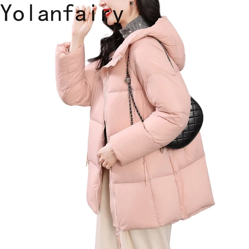 

YOLANFAIRY Женское зимнее пуховое пальто средней длины с капюшоном, 90% белый утиный пух, теплая куртка-пуховик, трендовая модель Abrigos Mujer
