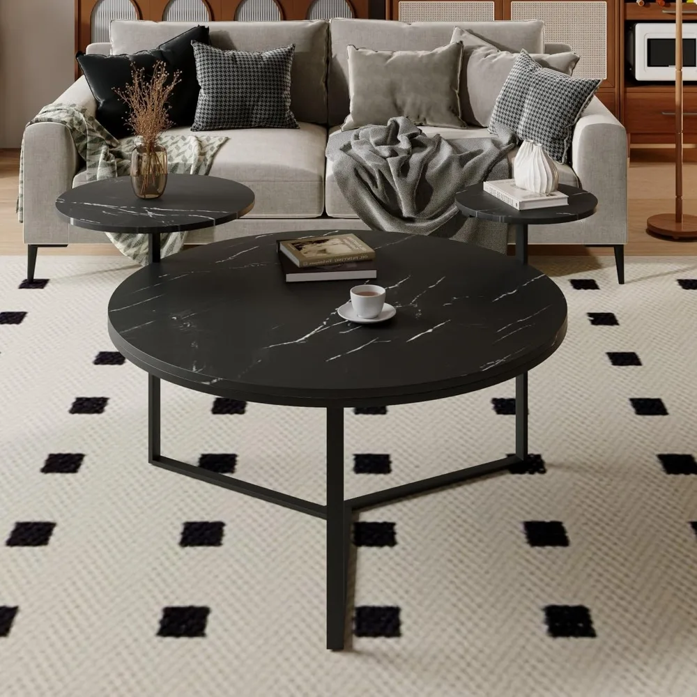 

Modern Coffee Table with Two Display Shelves, Black Faux Marble Surfaces, Tripod-Inspired Base,Rounded Tabletop Edges