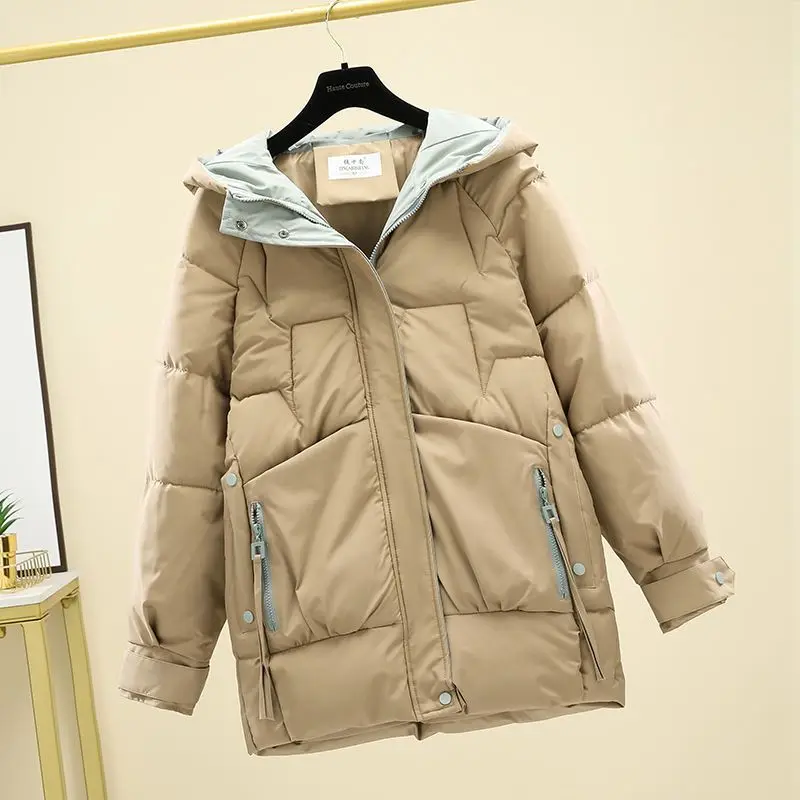 2023 Trendy Winter New Korean Version Loose and Thick Cotton JacketMid Length Hooded Jacket Coat Women  Winter Clothes Women