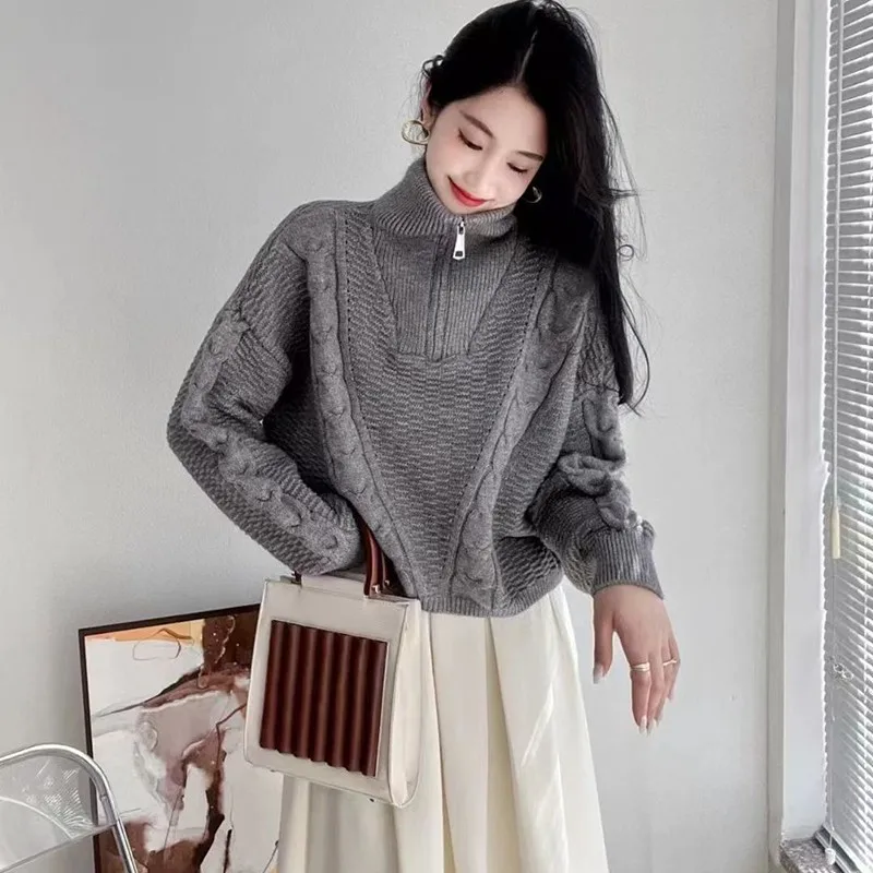 

2022 New Arrival Autumn Women Loose Casual Half High Collar Long Sleeve Pullover All-matched Vintage Short Knitted Sweater P987