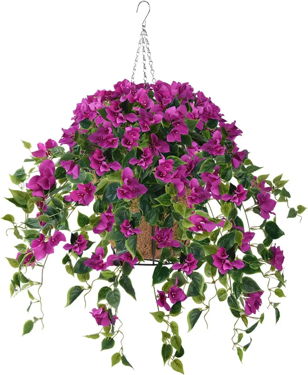 Artificial Flowers Hanging Basket 4pcs Bougainvillea Silk Vine Flowers for Outdoor/Indoor 10Inch Coconut Lining Flower Pot with