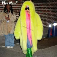 Neo Mint Women Luxury Brand Runway Fashion Long Hooded Faux Fur Coat Jacket Ins Nicki Minaj Neon Green Chunky Overcoat Outerwear