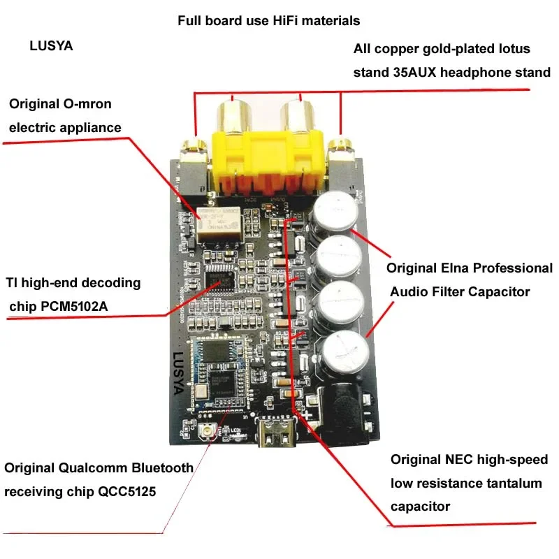 

Bluetooth QCC5125 APTX-HD DSP PCM5102A DAC 32bit 384kHz Lossless Adapter Receiver Module With Case RCA AUX Output Free shipping