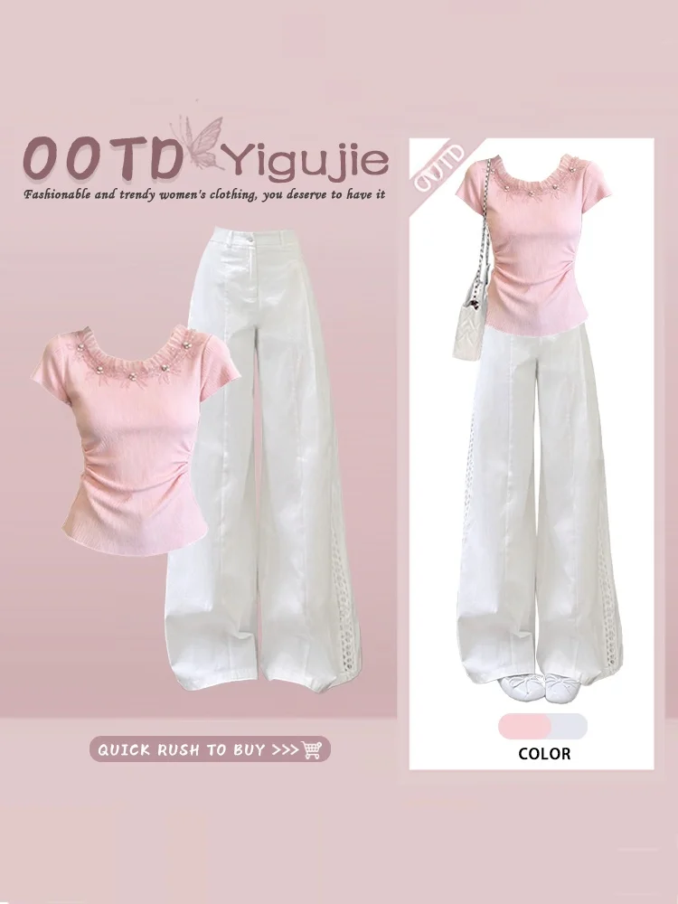 Dopamine Beautiful Pink Summer Mesh Splice Short Sleeve Hollow out Drapey Wide Leg Pants High Waist Two Piece Set Women