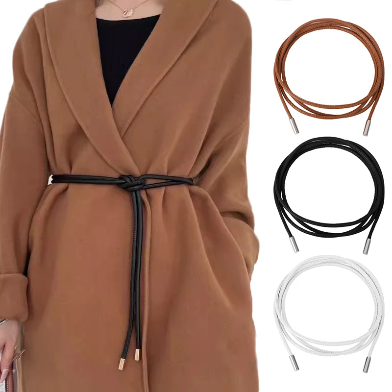 Women Waistband Round Leather Rope Thin Belt Women Dress Skirt Sweater Coat Vintage Bow Knot Long Waist Rope Decorative Belt