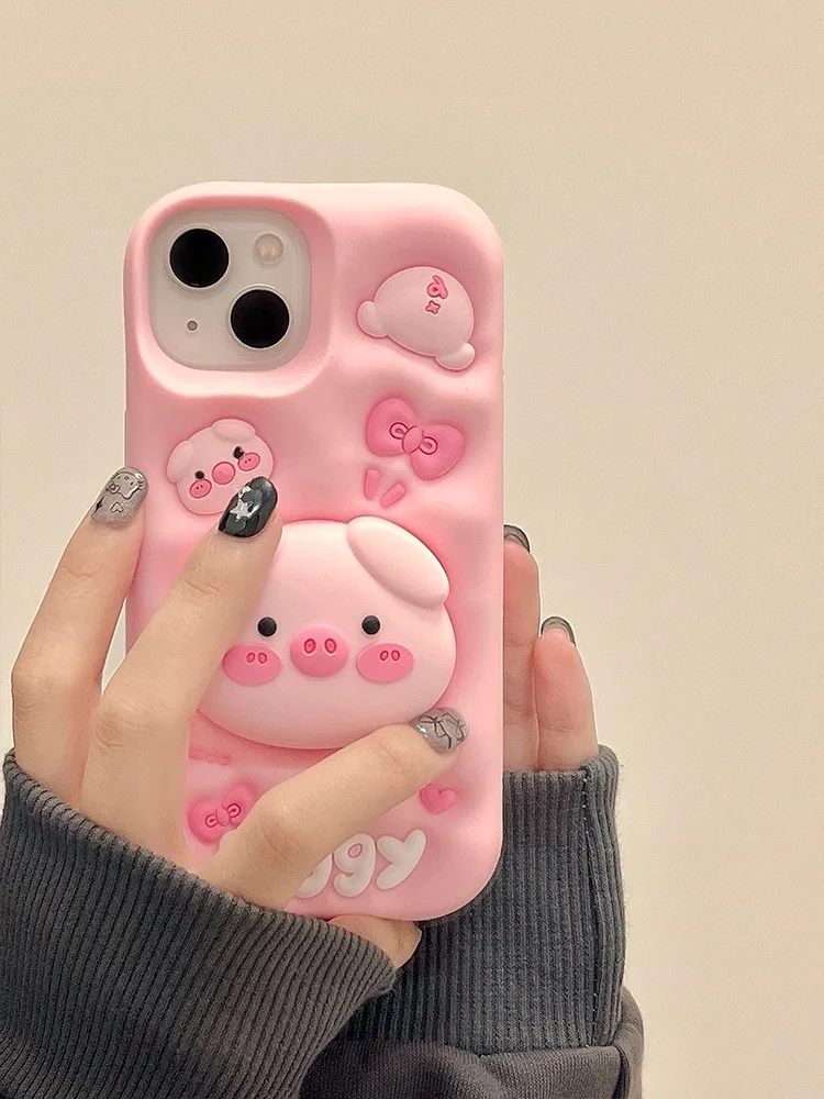 Cute Funny Pig Piggy Telescopic Bracket Case For iPhone 15 Pro Max 14 13 11 12 3D Pink Silicone Stand Holder Back Cover