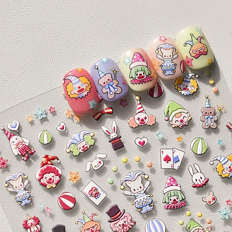 5D Relief Funny Joker Stage Poker Cute Rabbit Colorful Lollipop Ball Star Adhesive Nail Art Stickers Decals Manicure Charms