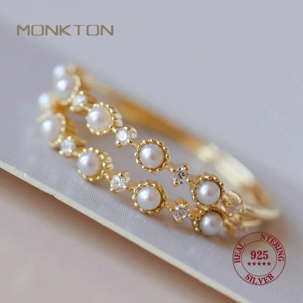 Monkton 925 Sterling Silver Fashion Freshwater Pearl Rings for Women 14K Gold Plated Stackable Eternity Ring Accessories Jewelry