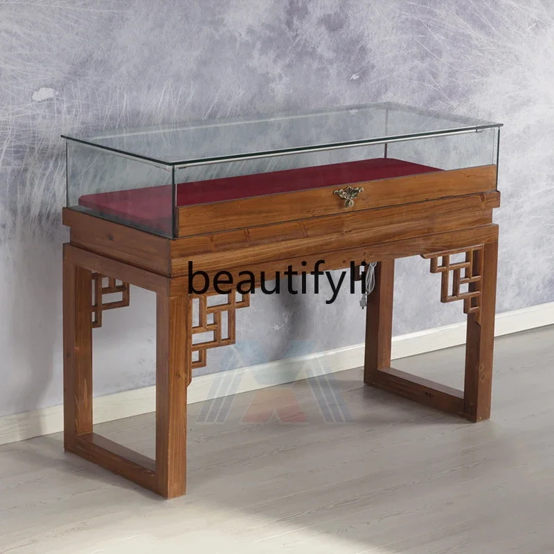 New Chinese Solid Wood Showcase Wenwan Jade Exhibition Hall Counter Museum Cabinet Exhibition Hall