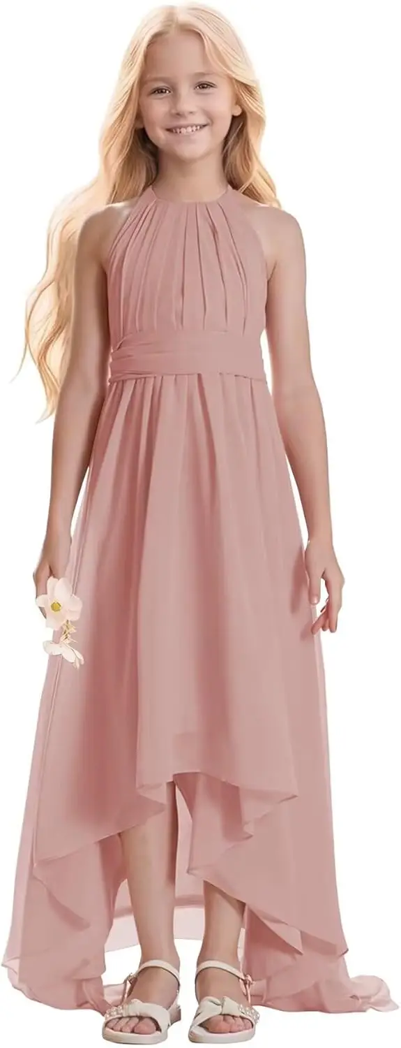 A Line Kids Girls Junior Bridesmaid Dresses Chiffon A-line High Low Flower Girls Dresses for Wedding Party Girl Dress