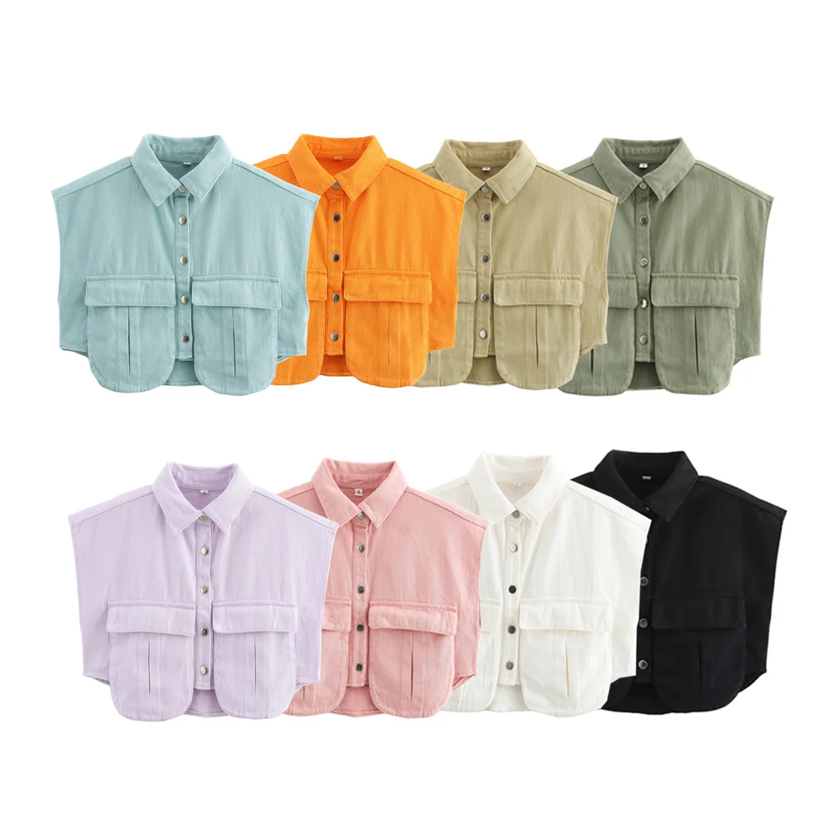 European And American Style Foreign Trade Women's Clothing New Fashion Casual Sleeveless Pocket Decoration Short Shirt