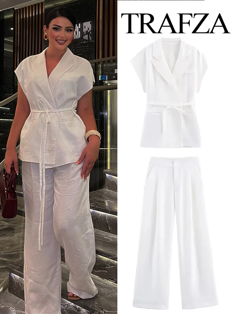 

TRAFZA Women Elegant Solid Pants Suit Lapel Double Sleeveless Belt Design Vest+Pockets Pleated Zipper Button Straight Long Panet