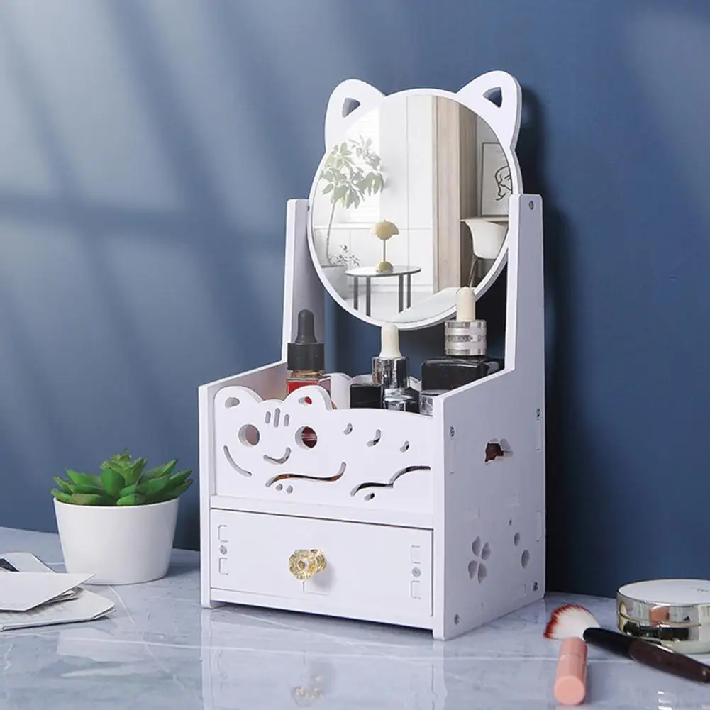 Bedroom Vanity Storage Box Cartoon Cat Makeup Organizer with Rotating Mirror Capacity Cosmetic Drawer Storage Box Vanity Mirror