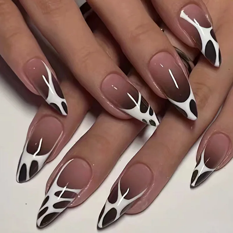 

24pcs Earl Wine Press-On Nails - White Lace Over Ombré Red Long Almond Vintage Glam Style False Nail For Women Girl