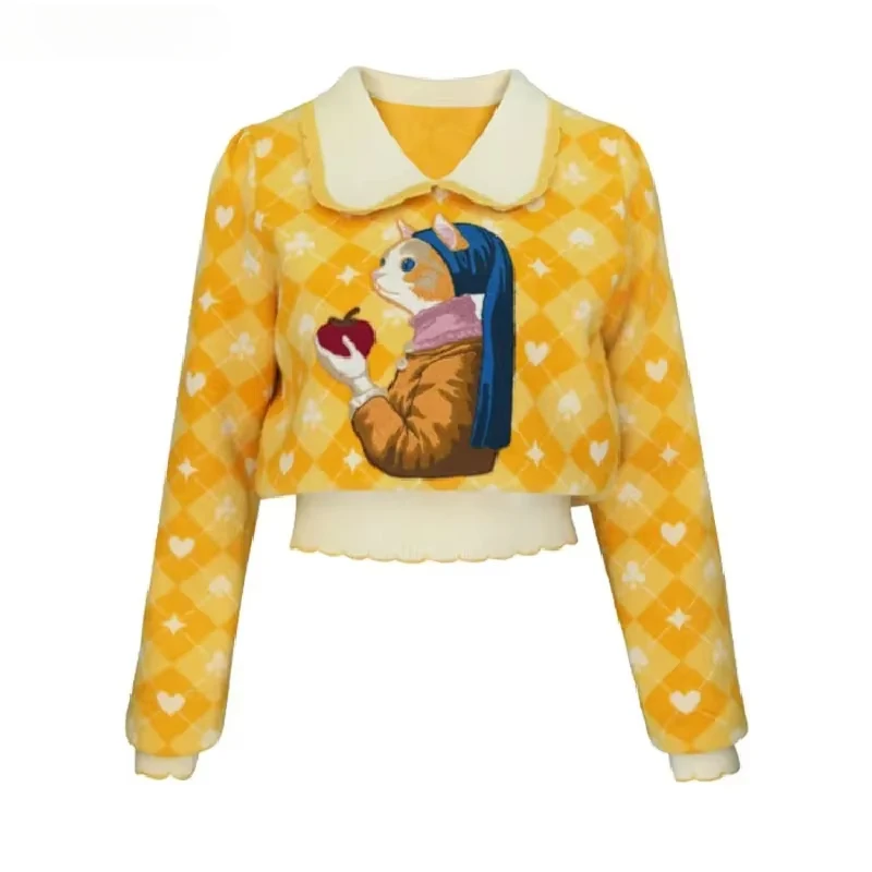 Vintage Yellow Cartoon Embroidered Sweater Pullover Women 2025 New Spirng Fashion Long Sleeve Casual Loose Knitwear Tops Jumpers