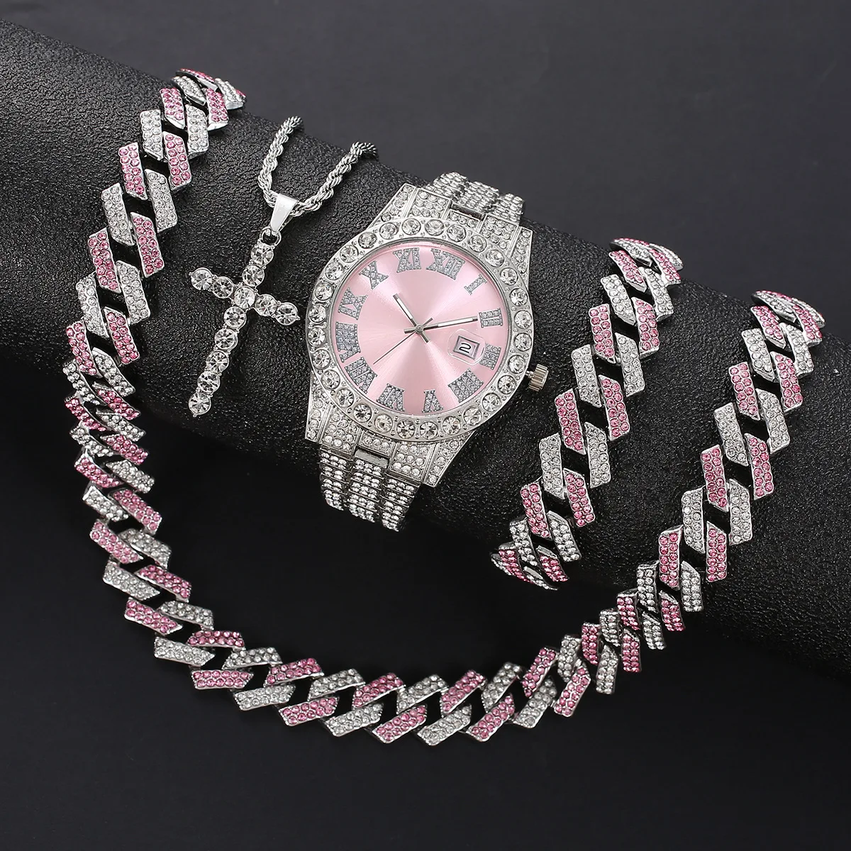 

Набор из 4 предметов: женские часы с блестками и цепочка в стиле хип-хоп с кубинским плетением — круглый циферблат с акцентами из страз, электронный кварцевый механизм