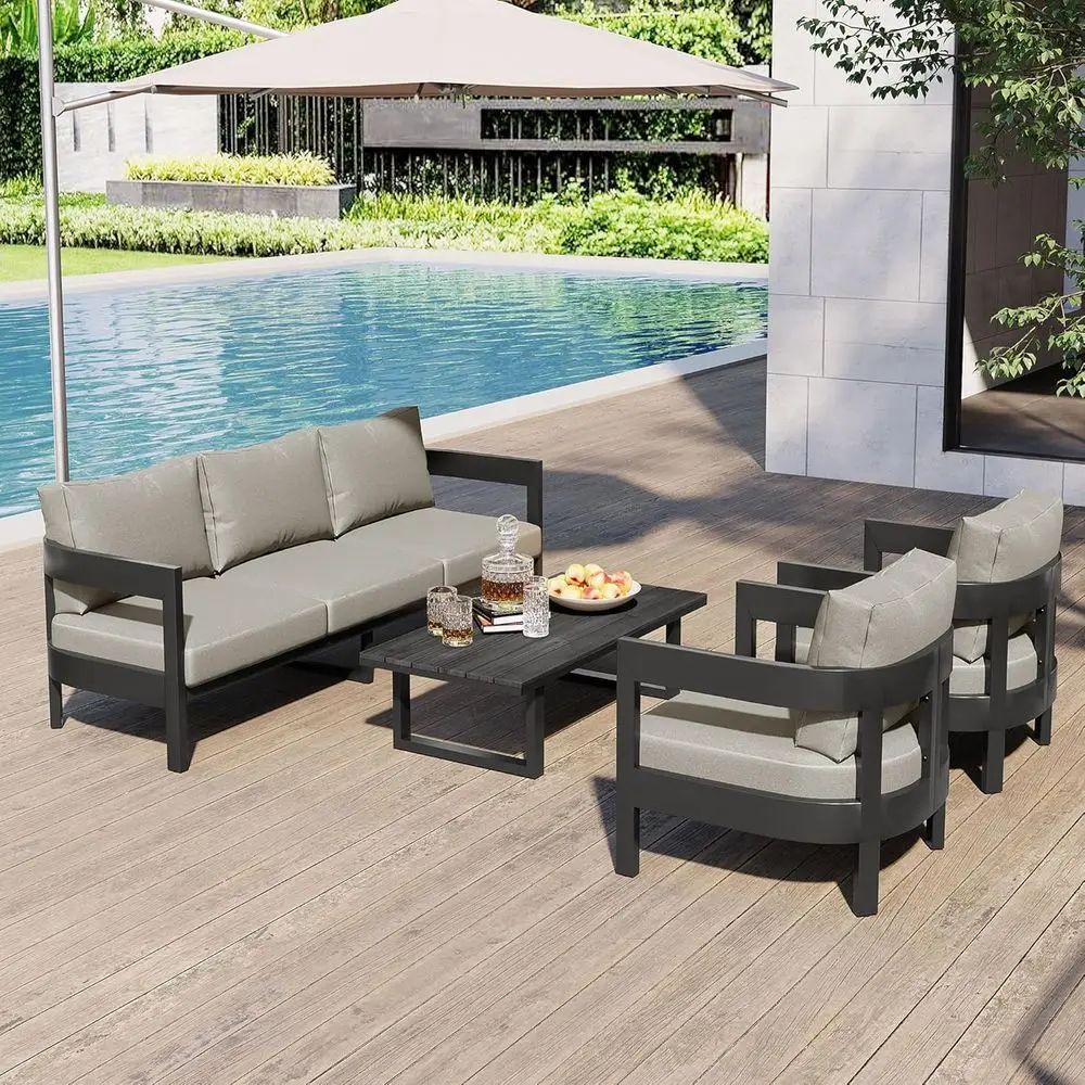 All-Weather 4-Piece Patio Furniture Set with Coffee Table, Light Gray Cushions for Outdoor, Garden, or Poolside Use