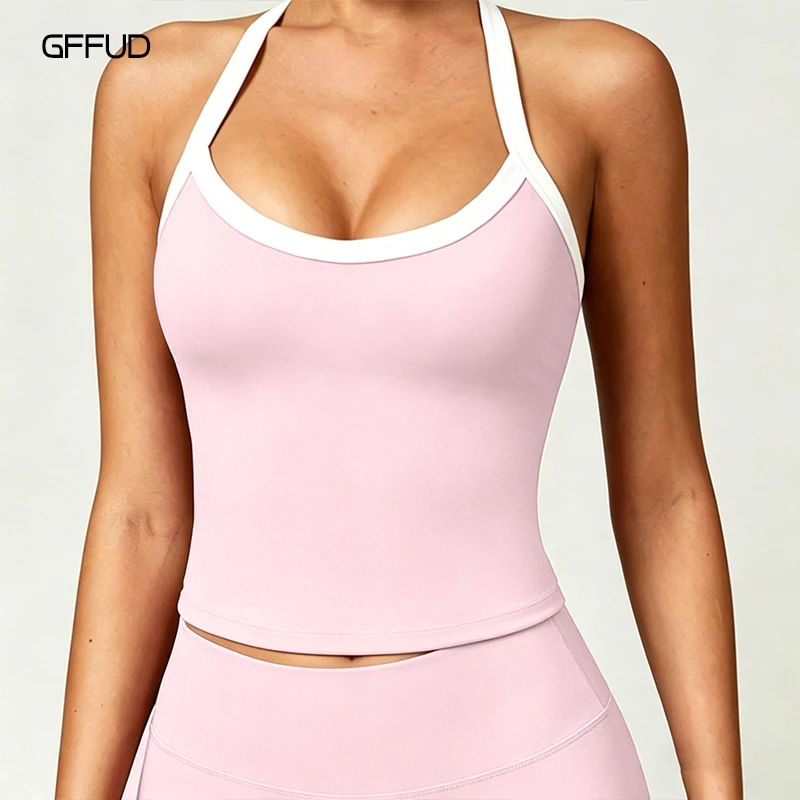 Women Naked Feeling Yoga Tank Top Color Block Hollow Back Sports Bra Built-in Padded Workout Crop Top Running Gym Casual Wear