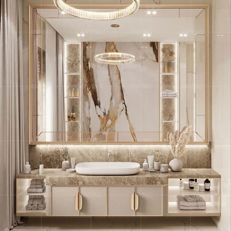 French Cream Bathroom Cabinet Light Luxury Hand Wash Face Pool Combination Bathroom Solid Wood Custom Washing Table Upper Basin