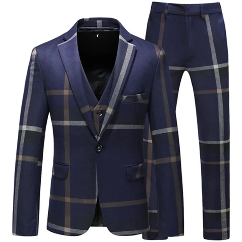 

Jacket Vest Pants 2024 High Quality Men Suits Fashion Grid Men Slim Fit Business Groom Wedding Plaid Blazers Coat 3 Pieces Sets