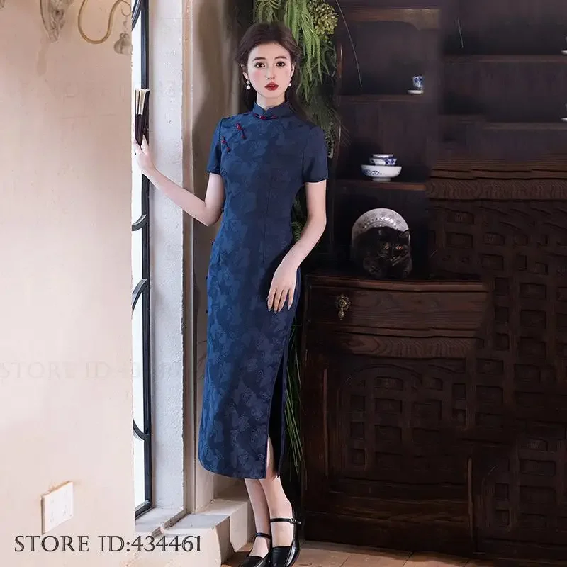 

Винтажное классическое Cheongsam с воротником-стойкой, большие размеры, атласное женское длинное Ципао, традиционное китайское платье, сексуальное тонкое платье с разрезом, Vestidos