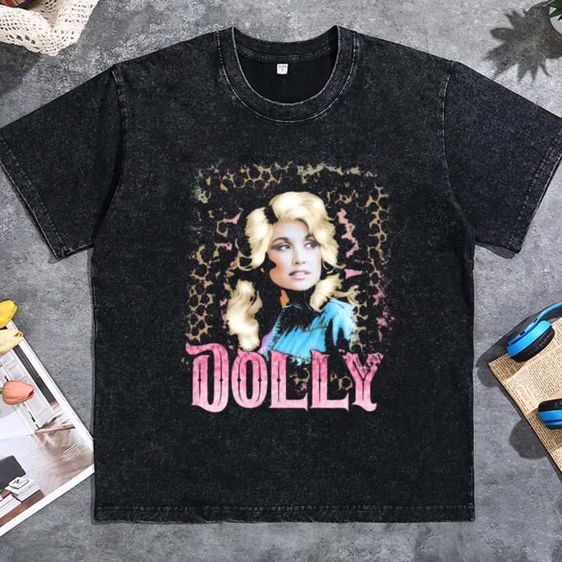 Dolly Parton Retro T Shirts Leopard Country Music T-Shirt Cotton Short Sleeve Round Neck Printed Tshirts Vintage Washed Tshirt