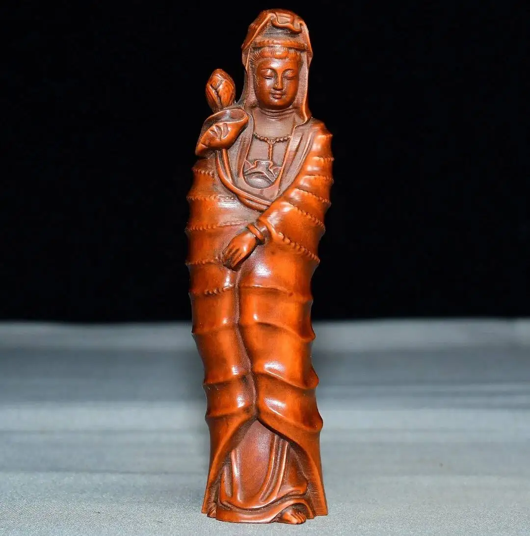 Collect Small-Leaved Boxwood Hand Carven Lotus Guanyin Buddha Statue Decoration