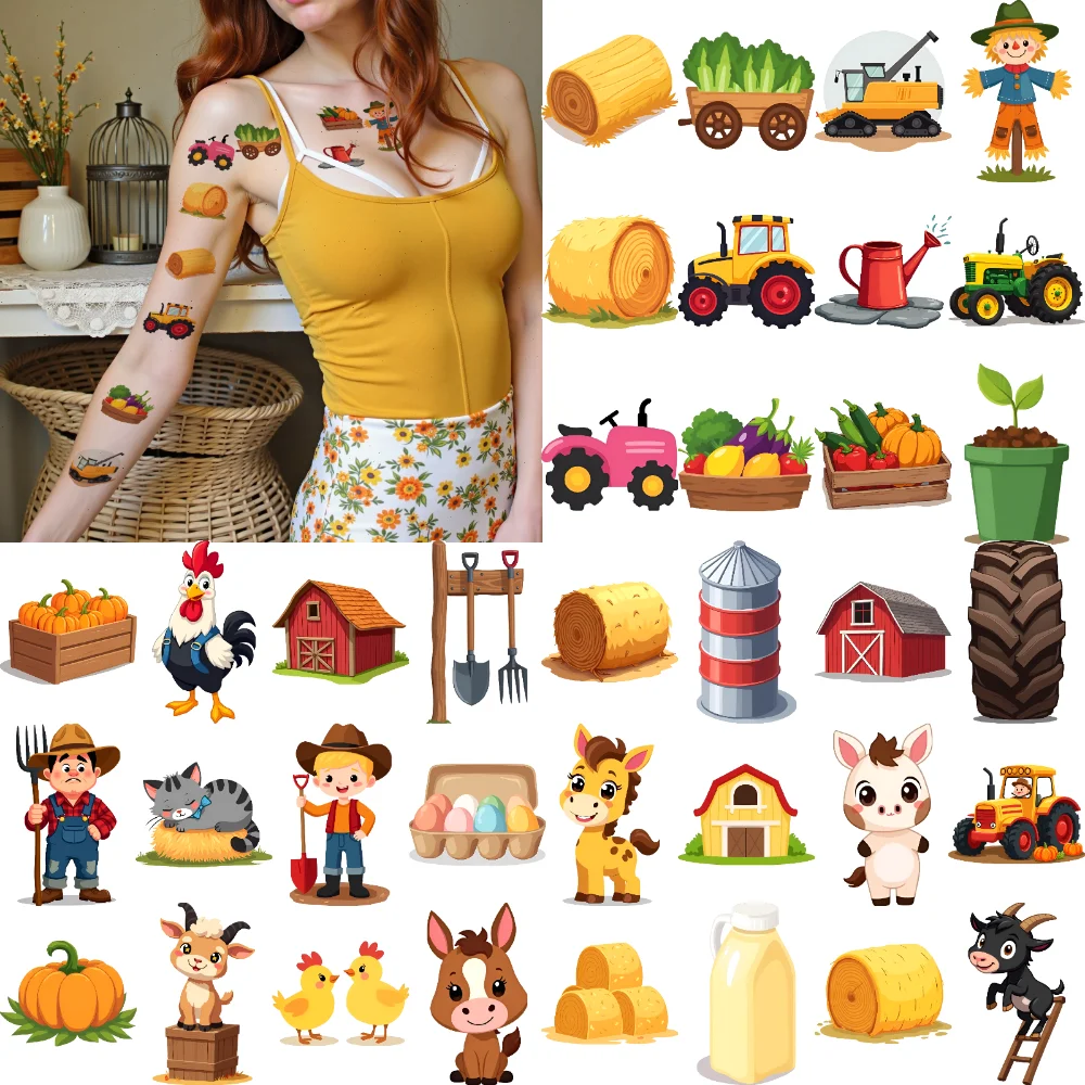 

63pcs Temporary Tattoo Farm Buildings Waterproof Long-lasting Body Stickers Farm Animals Tractors Temporary Tattoo Stickers