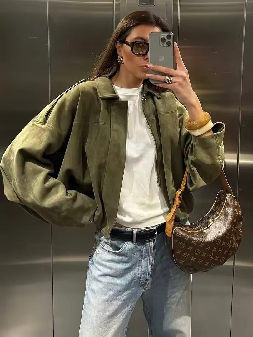 

Женский кожаный топ в стиле ретро в американском стиле, ленивый повседневный свободный топ из полиэстера, 00% весенний сезон, чистый цвет