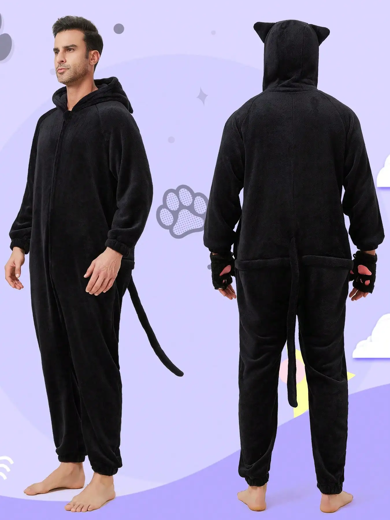 Adult black cat jumpsuit pajamas cat paw gloves couple outfit cosplay cute cat dressing up for men and women