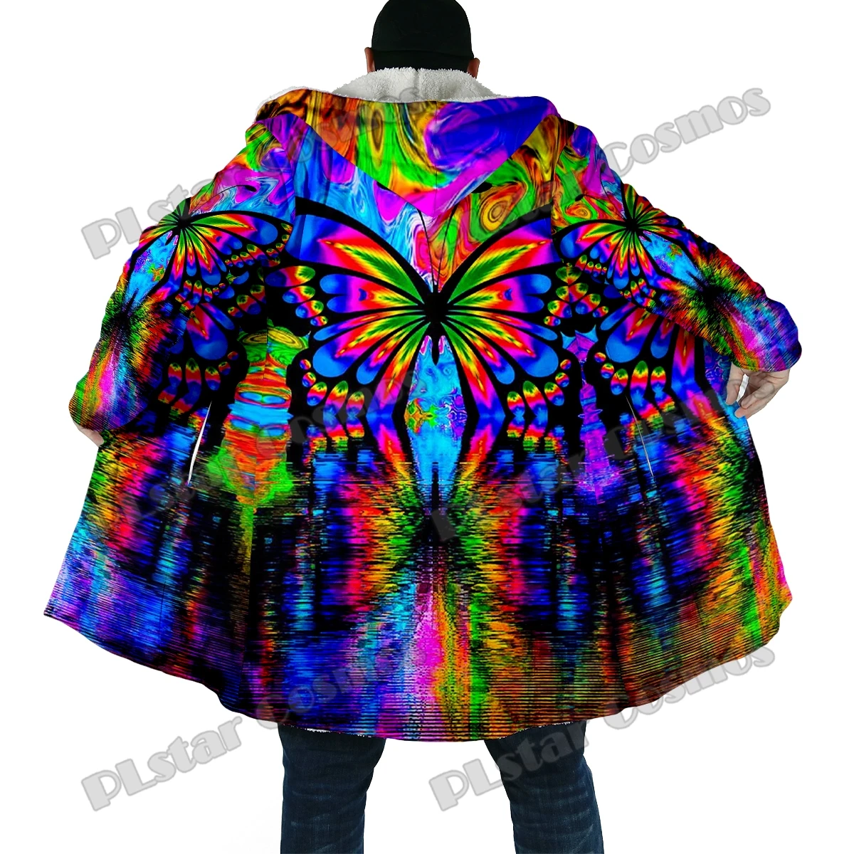 Wintermode Herenmantel Vlinder En Bloemen 3d Overal Bedrukt Dikke Fleece Capuchon Mantel Unisex Casual Warme Cape Jas Dp42