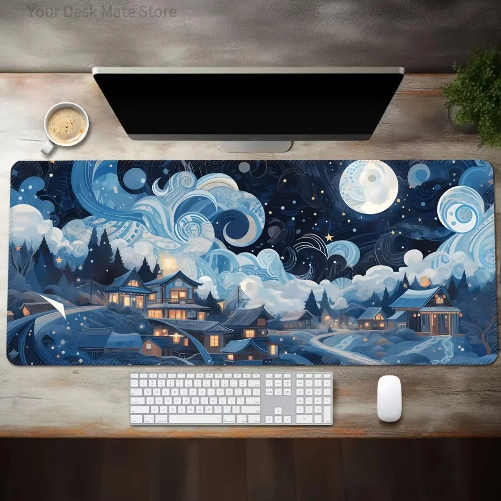 Starry Night Village Large Desk Mat, Blue Swirl Sky Moon Town Landscape Extended Gaming Mouse Pad, Non‑Slip Keyboard Table Mat