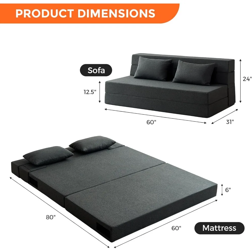 Sofá-cama queen portátil para rvs, sofá futon com colchão de espuma, cama dobrável para convidados, móveis confortáveis para sala de estar