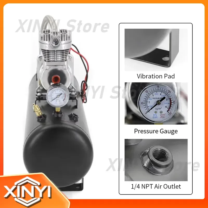 for Universal 12V Car Air Ride Suspension Kit Tire Inflation Tool with 1.5 Gallon Air Tank Air Compressor Pressure Gauge